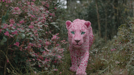A pink leopard strides through a vibrant environment of green foliage and pink flowers. The image showcases a surreal juxtaposition of the animal's unique color with its surroundings. The composition is well-lit, providing excellent detail of the textured fur. It may be suitable for creative projects or editorial use.の素材