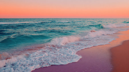 The image showcases ocean waves meeting the shoreline under a colorful sunset. The water displays shades of turquoise and blue, contrasted by the pink and orange sky. The scene is bathed in soft lighting, highlighting the textures of the water and sand. This could be used for various projects.の素材