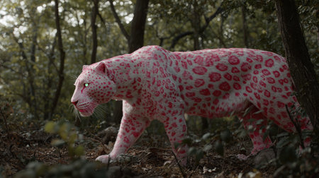 A pink leopard with red spots is depicted walking through a forest setting. The artwork showcases a digital illustration style with soft textures and dappled sunlight filtering through the trees. The image could be suitable for various commercial uses, including advertising and editorial content. The composition presents the animal in a naturalistic pose within its environment.の素材