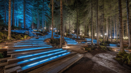 An evening forest scene features tiered pathways with embedded blue lights, creating a captivating display. The composition highlights wooden structures and tall trees under ambient lighting. This image could be used for various commercial projects related to outdoor design, events, and environmental concepts.の素材