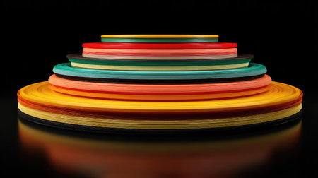This image showcases a stack of vibrantly colored circular objects, exhibiting a range of hues from warm yellows and oranges to cool blues and greens. The objects are arranged in a layered formation against a stark black backdrop, creating a visually compelling display. Suitable for various design projects and commercial applications.の素材