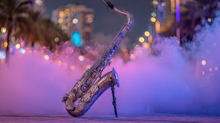 A saxophone stands prominently, the main subject against a blurry backdrop of city lights. The image showcases a metallic instrument with its details enhanced by a combination of artificial fog and lighting effects. Suitable for advertising music, entertainment, or cultural themes, the image conveys a sense of night atmosphere.の素材