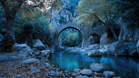 An arched stone bridge crosses a flowing river, surrounded by a forest setting. The image showcases natural elements such as water, trees, and rocks, bathed in cool lighting. This picturesque scene evokes tranquility, suitable for various editorial and commercial applications. The composition emphasizes depth and the interplay of light and shadow.の素材