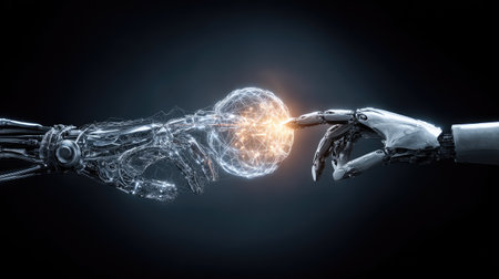 Two robotic hands, one metallic and the other resembling human form, are nearly touching a bright, spherical object. The image features a dark background, highlighting the contrast of light and shadow. It suggests concepts of technology, artificial intelligence, and innovation, suitable for various editorial and commercial applications.の素材