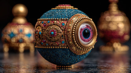 An eye-catching ornamental sphere, featuring intricate gold detailing and vibrant jewel embellishments, dominates the scene. The central element is a detailed eye, set within the ornate structure. The image showcases a dark, ambient setting, emphasizing the object's elegant design and potentially suitable for various commercial purposes.の素材