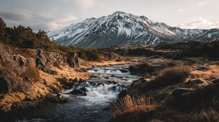A scenic landscape showcases a flowing river winding through a valley beneath a snow-capped mountain. The composition features golden and brown hues across the rugged terrain, reflecting the sunlight. It's an outdoor scene with potential for travel, nature, or environmental themes, suitable for various editorial and commercial applications.の素材