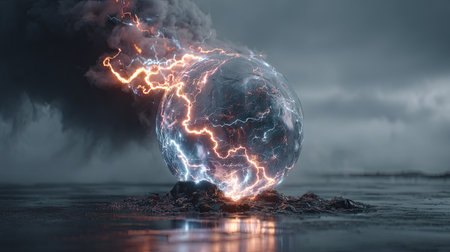 An orb of energy is the central focus, emanating electric currents against a dramatic, overcast sky. The composition emphasizes the sphere's textures and colors, utilizing a dark palette and strong lighting contrasts. This could be used for various projects emphasizing power, technology, or abstract concepts.の素材