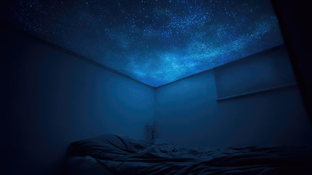 A nighttime room interior showcases a ceiling projection resembling a starry sky, bathing the space in cool blue tones. The composition highlights a bed and the room's walls. The imagery evokes a sense of tranquility and is suitable for various commercial purposes, including use in advertising and marketing materials.の素材