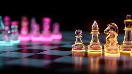 Transparent chess pieces illuminated with neon colors sit on a checkered board. The composition highlights the contrasting colors and the game's strategic nature. It showcases a modern, artistic style with high-contrast lighting creating a futuristic feel. Suitable for illustrating strategy, competition, or game design themes.の素材