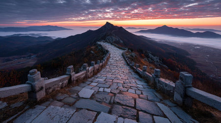 A stone pathway gracefully ascends to a mountain peak, bathed in the soft hues of dawn. The image captures a serene landscape with a low angle view. The sky transitions through shades of orange and purple. This image can be suitable for travel, adventure, or inspirational projects.の素材