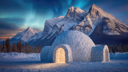 An igloo structure stands against a backdrop of snow-covered mountains and a display of vibrant northern lights. The scene features a cold environment, with the igloo's entrance lit up. This image may be suitable for illustrating winter tourism or environmental themes and can be used in various commercial applications.の素材