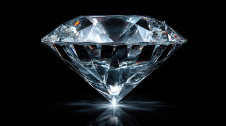 A brilliant diamond, the main subject, is showcased against a stark black backdrop. The image reveals multiple facets, capturing light and producing intense sparkle. The lighting emphasizes the gem's clarity and cut. The image could be suitable for advertising, jewelry, or visual communication.の素材