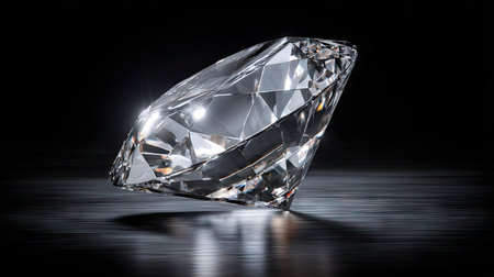 A brilliant-cut diamond appears to float above a dark reflective surface. The gemstone is illuminated, showcasing multiple facets that capture and refract light. The composition features a shallow depth of field, set against a dark backdrop. This imagery is suitable for various commercial applications including jewelry design and luxury goods advertising.の素材