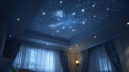 This interior view showcases a bedroom with a starry night ceiling design. The image features soft blue hues, curtains, and ambient lighting. This style provides a tranquil atmosphere. Suitable for use in interior design publications and commercial projects requiring a peaceful visual.の素材