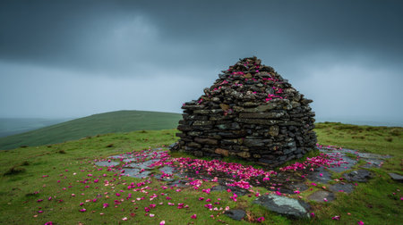 A stone cairn, constructed of layered rocks, sits atop a grassy hill. Pink petals are scattered around the base of the structure. The composition displays a landscape under a cloudy, overcast sky. Suitable for illustrating travel, nature, or environmental concepts, as well as editorial articles.の素材