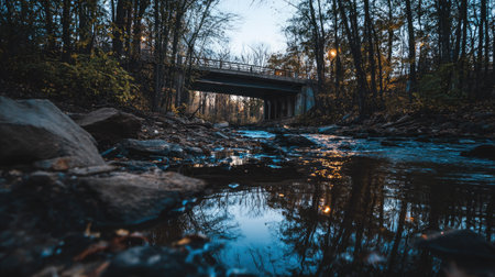 A stream flows beneath a bridge, surrounded by trees. The image showcases a natural outdoor environment, with water reflecting the surrounding foliage. The photograph displays a moody and serene atmosphere with natural light. Suitable for environmental or travel-related publications, and various commercial projects.の素材