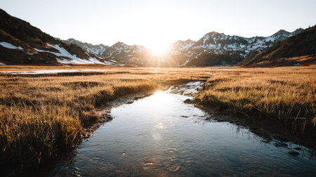 A picturesque landscape depicts a serene stream meandering through a golden meadow. Majestic mountains rise in the background, under a bright sun. The scene is illuminated by soft sunlight. The image could be suitable for nature publications, travel promotions, or environmental projects.の素材