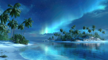 A serene tropical scene depicts an island with palm trees and a reflective ocean surface. The artwork showcases various shades of blue and green, with soft lighting illuminating the scene. Ideal for travel, tourism, or environmental themes, this image is suitable for various commercial applications.の素材