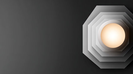 An abstract composition features a central layered shape with varying shades of gray, illuminated by a warm, central light source. The geometric design is set against a dark, contrasting background, creating depth and visual interest. Suitable for various design projects, including digital art, presentations, and website backgrounds.の素材