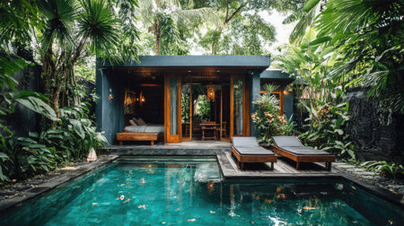 An outdoor scene features a rectangular swimming pool with clear turquoise water and lounge chairs. Surrounding the pool are lush green plants and trees. The architectural structure of the building blends with nature. This image can be used for travel, leisure, or wellness-themed projects.の素材