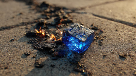 A close-up view presents a luminescent blue object amidst smoldering material. The scene showcases fiery embers and a weathered, textured surface. The composition utilizes selective focus and ambient lighting to highlight the object and the surrounding environment, suitable for various design and illustrative purposes.の素材