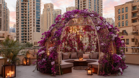 An inviting rooftop scene features a bamboo-framed canopy draped in vibrant purple flowers. Soft lighting illuminates the interior seating area, with cushions and a small table. The composition showcases a city skyline background with buildings. This image could be suitable for lifestyle, travel, and event-related promotional materials.の素材