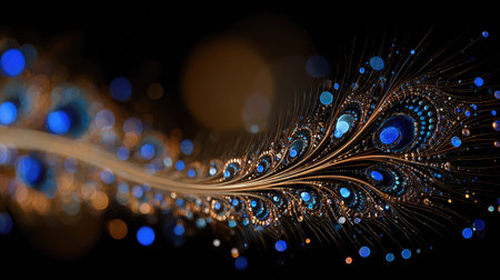An artistic representation features a detailed feather with a golden stem and intricate patterns. The composition highlights blue and gold hues against a dark backdrop with blurred bokeh lights. This image could be suitable for decorative designs or used in various commercial applications that require an element of elegance.の素材