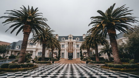 A large building with a symmetrical design features a grand entrance and is framed by lush palm trees. The composition includes a black and white checkered pathway leading towards the main structure. Overcast daylight creates soft lighting. This image may be used for real estate, travel, or architectural projects.の素材
