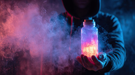 A person holds a glowing jar, its contents radiating light against a backdrop of swirling smoke. The image features a cool and warm color palette with blue, purple and orange hues. The scene conveys a sense of mystery and drama, suggestive of fantasy or scientific themes, suitable for various editorial and commercial applications.の素材