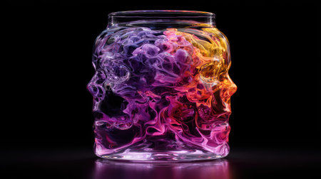 A glass jar featuring human face silhouettes filled with vibrant multicolored smoke is displayed against a solid black backdrop. The composition showcases a studio lighting setup, accentuating the bold colors. It may be suitable for a variety of creative projects or artistic presentations, possibly for abstract concepts.の素材