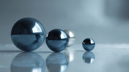 Several spheres, varying in size, are arranged on a reflective surface. The objects exhibit a metallic sheen and gradient color transitions, with highlights and reflections suggesting an indoor setting. The composition is clean, with diffused lighting, suitable for various design projects and commercial applications. The spheresの素材