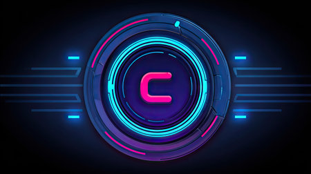 This graphic showcases a futuristic design, dominated by a neon-colored ring. The visual features vibrant hues of blue, pink, and purple, with digital lines and glowing elements. The central focus is a letter 'C' in bright pink. This image is suited for design projects, technology presentations, and commercial applications.の素材