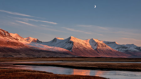 Dramatic landscape depicts mountains with snow-covered peaks, illuminated by the warm light of the setting sun. A tranquil river flows through the foreground. The sky displays gradations of blue and orange. Suitable for illustrating travel, nature, or environmental themes in various media.の素材