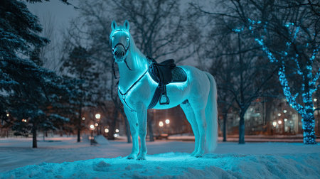 A striking illuminated horse statue stands in a winter setting. The artwork is accented by vibrant blue lights, casting an ethereal glow upon its form. The scene displays a mix of snow-covered ground and trees. This image is suitable for various commercial or editorial applications.の素材