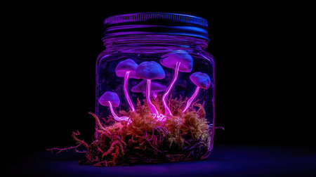 This image features several mushrooms inside a transparent jar, illuminated with a vibrant purple glow. The arrangement sits against a stark black backdrop. The scene uses color and lighting to create a mysterious atmosphere. Suitable for use in conceptual designs, fantasy illustrations, and science-related projects.の素材