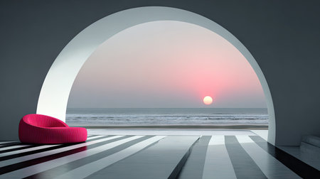 An interior space features an arched opening framing a serene ocean view at dusk. A vibrant pink chair sits within the room, contrasting with the minimalist black and white striped floor. The scene suggests a calm atmosphere, lit by the setting sun, suitable for commercial projects or editorial use.の素材