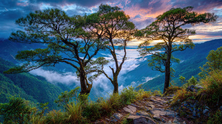 This image showcases trees on a cliff overlooking a mountain range shrouded in mist. The sky displays a gradient of colors from blue to orange. The composition highlights the trees and the vast landscape. Suitable for use in various commercial and editorial applications that require natural scenery.の素材