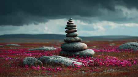 A balanced arrangement of stones forms a tower amidst a field with small, vibrant flowers. The scene is illuminated with a soft light under a moody, overcast sky. The overall aesthetic suggests themes of harmony and balance, suitable for various editorial and commercial applications.の素材