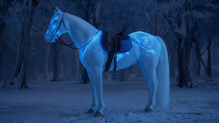 A white horse with blue glowing patterns stands prominently in a winter forest scene. The horse is saddled and bridled. The image exhibits cool blue and white tones, with a soft, diffused lighting effect, creating a mystical atmosphere. The scene could be used for fantasy illustrations or conceptual projects.の素材