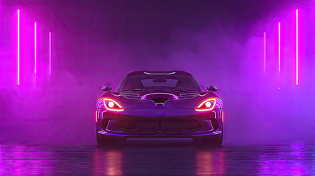 A dark purple sports car is the focal point, illuminated by vibrant neon lights. The image showcases a sleek vehicle design set against a smoky, abstract backdrop. The composition features strong lighting and color contrast, suggesting a futuristic or high-tech setting. Suitable for various commercial and editorial applications, this image is visually striking and dynamic.の素材