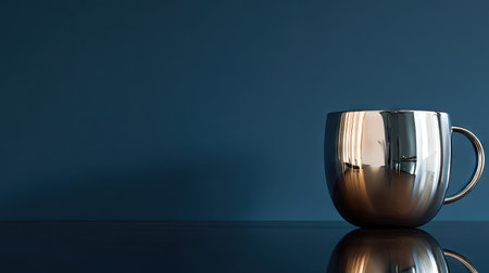 A close-up showcases a metallic coffee cup on a dark, reflective surface. The cup reflects its surroundings. The backdrop presents a deep blue hue. This image, with its minimalist composition and striking visual contrast, lends itself well to advertising and design projects requiring a clean and modern aesthetic.の素材