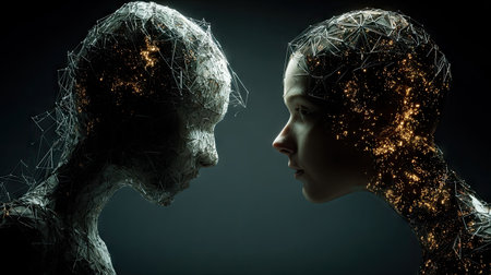 Two figures are depicted facing each other in a dimly lit environment, displaying a close-up composition. The artwork showcases textured forms with a contrast of light and dark, enhancing the dramatic effect. The piece may serve various commercial applications, including editorial or artistic projects. The overall style suggests a digital art creation.の素材