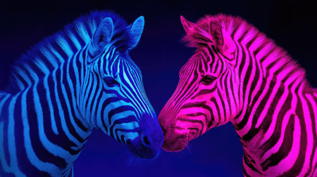 Two zebras face each other, illuminated by vibrant blue and pink lighting. The image features high contrast, highlighting the animals' striped patterns against a black background. Suitable for conceptual illustrations, the composition is striking and ideal for a range of design projects.の素材