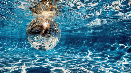 A reflective disco ball floats submerged in clear blue water. The scene displays aquatic textures and highlights generated by natural light. This composition might be useful for projects related to entertainment or water themes. It suggests ideas for creative media or editorial concepts.の素材