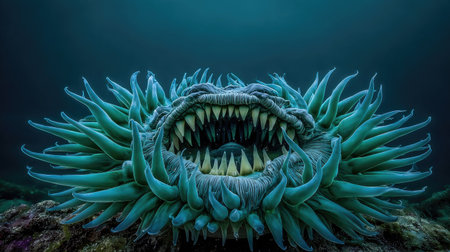 A close-up view presents an anemone with numerous turquoise tentacles radiating from a central area that resembles a jaw. The image showcases a dark, underwater environment, likely captured with dramatic lighting. This photograph could be used for scientific publications, educational resources, or as a striking visual element for various creative projects.の素材