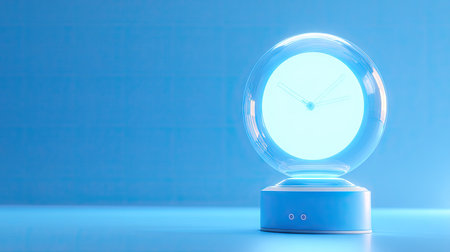 A glowing orb rests on a pedestal, emitting a soft blue light against a matching backdrop. The image showcases a futuristic design with smooth textures and a minimalist aesthetic. This visual could be utilized for various commercial purposes, including website design or conceptual illustrations, conveying technology themes.の素材