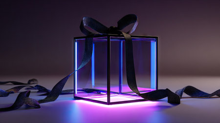 An illuminated gift box, featuring a ribbon, is the central element of this artwork. The composition uses cool blue and vibrant purple neon lights. The aesthetic presents a modern and artistic presentation. This image is suited for commercial usage relating to celebration and promotion themes.の素材
