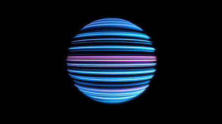 An abstract sphere glows against a dark backdrop, constructed from layers of blue and pink light. The image features a modern, digital aesthetic with a focus on geometric shapes and color gradients. The composition suggests a conceptual representation of data, technology, or an artistic display. Suitable for various design applications, including presentations or digital art.の素材