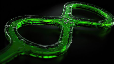 An illuminated green structure is centered against a dark background, showcasing a modern design. The image features a vibrant color palette and highlights the shape with water droplets. This visual is suitable for various design projects and advertising materials.の素材