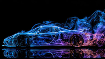 An artistic depiction presents a sports car rendered with vibrant blue and purple smoke effects. The composition is set against a black backdrop, enhancing the luminescence of the vehicle. The design's dynamic portrayal suggests speed and innovation, suitable for various commercial uses and creative projects.の素材